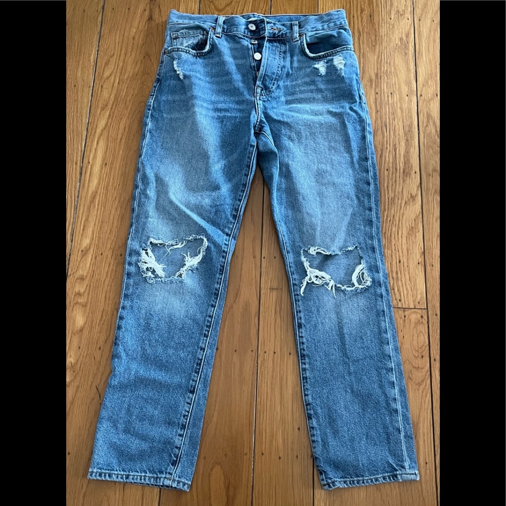 Forever 21 Women's Blue Denim High Rise Ripped Distressed Button Fly Jeans S 26